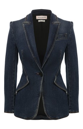 Женский джинсовый жакет ALEXANDER MCQUEEN темно-синего цвета по цене 207000 руб., арт. 628457/QMABH | Фото 1 Женский джинсовый жакет ALEXANDER MCQUEEN темно-синего цвета, арт. 628457/QMABH | Фото 1 (Материал внешний: Хлопок, Деним; Длина (для топов): Стандартные; Материал подклада: Купро; Рукава: Длинные; Женское Кросс-КТ: Жакет-одежда; 1-2-бортные: Однобортные; Случай: Повседневный; Кросс-КТ: Деним; Стили: Кэжуэл)