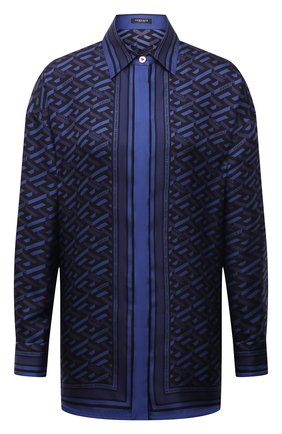 Женская шелковая рубашка VERSACE синего цвета по цене 94400 руб., арт. 1002489/1A01805 | Фото 1 Женская шелковая рубашка VERSACE синего цвета, арт. 1002489/1A01805 | Фото 1 (Рукава: Длинные; Длина (для топов): Удлиненные; Материал внешний: Шелк; Стили: Гламурный; Принт: С принтом; Женское Кросс-КТ: Рубашка-одежда)