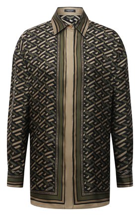 Женская шелковая рубашка VERSACE хаки цвета по цене 94400 руб., арт. 1002489/1A01805 | Фото 1 Женская шелковая рубашка VERSACE хаки цвета, арт. 1002489/1A01805 | Фото 1 (Материал внешний: Шелк; Рукава: Длинные; Длина (для топов): Удлиненные; Стили: Гламурный; Принт: С принтом; Женское Кросс-КТ: Рубашка-одежда)