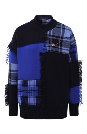 Женский шерстяной свитер VERSACE темно-синего цвета по цене 89950 руб., арт. 1001306/1A00791 | Фото 1 Женский шерстяной свитер VERSACE темно-синего цвета, арт. 1001306/1A00791 | Фото 1 (Материал внешний: Шерсть; Длина (для топов): Стандартные; Рукава: Длинные; Стили: Гламурный; Женское Кросс-КТ: Свитер-одежда)