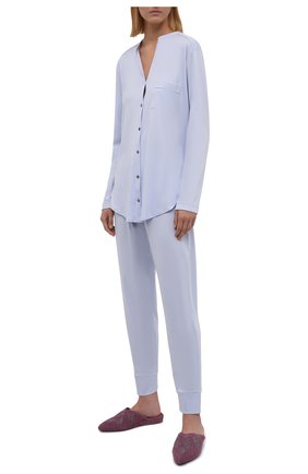 Женская пижама HANRO голубого цвета, арт. 077949 | Фото 1 (Длина Ж (юбки, платья, шорты): Мини; Длина (брюки, джинсы): Стандартные; Материал внешний: Хлопок; Длина (для топов): Удлиненные; Рукава: Длинные)