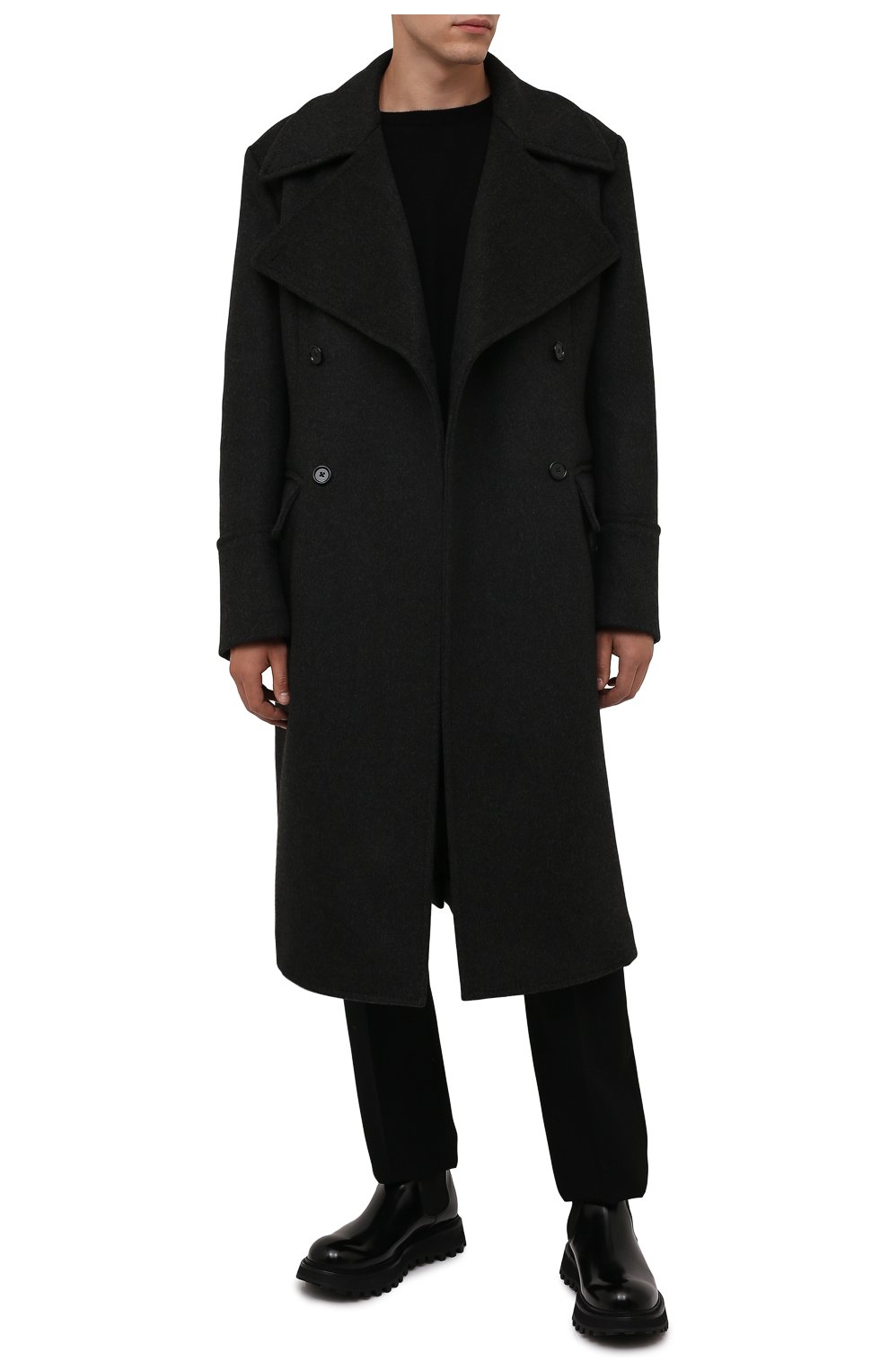 Мужской шерстяное пальто DOLCE & GABBANA темно-серого цвета, арт. G024ZT/FU2H5 | Фото 2 (Материал внешний: Шерсть; Рукава: Длинные; Длина (верхняя одежда): Длинные; Мужское Кросс-КТ: пальто-верхняя одежда; Стили: Кэжуэл)