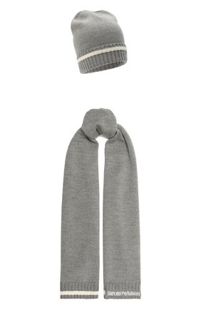 Детский комплект из шапки и шарфа EMPORIO ARMANI серого цвета, арт. 407516/1A768 | Фото 1 (Материал: Шерсть, Текстиль)