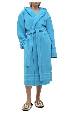Женский хлопковый халат BALENCIAGA голубого цвета, арт. 662735/TKP25 | Фото 2 (Рукава: Длинные; Материал внешний: Хлопок; Длина Ж (юбки, платья, шорты): Миди)