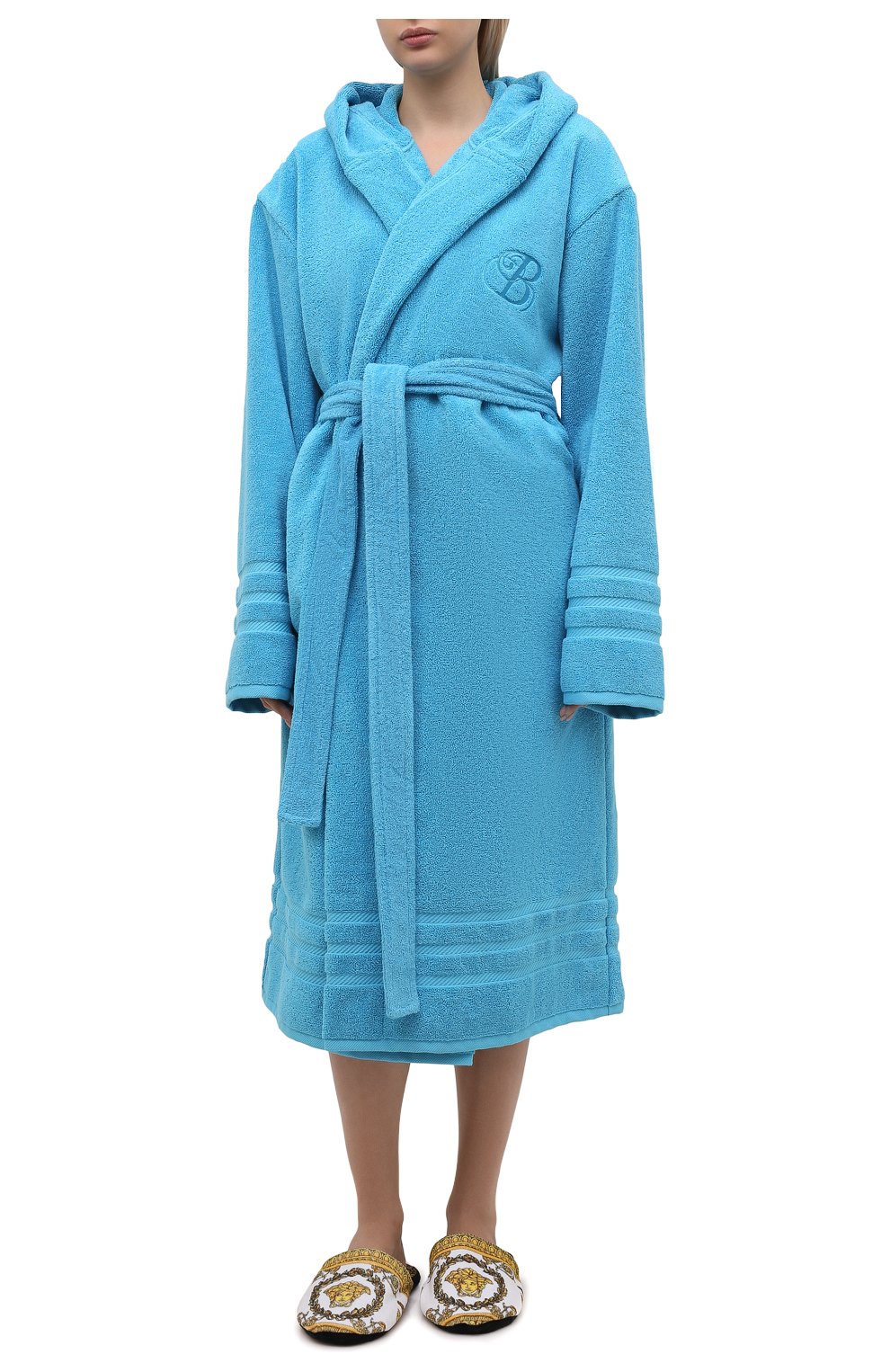 Женский хлопковый халат BALENCIAGA голубого цвета, арт. 662735/TKP25 | Фото 3 (Рукава: Длинные; Материал внешний: Хлопок; Длина Ж (юбки, платья, шорты): Миди)