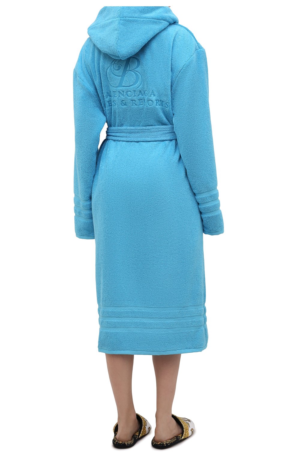 Женский хлопковый халат BALENCIAGA голубого цвета, арт. 662735/TKP25 | Фото 4 (Рукава: Длинные; Материал внешний: Хлопок; Длина Ж (юбки, платья, шорты): Миди)