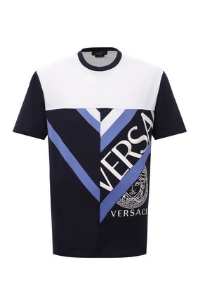 Мужская хлопковая футболка VERSACE темно-синего цвета по цене 57100 руб., арт. 1001412/1A01041 | Фото 1 Мужская хлопковая футболка VERSACE темно-синего цвета, арт. 1001412/1A01041 | Фото 1 (Материал внешний: Хлопок; Принт: С принтом; Рукава: Короткие; Стили: Кэжуэл; Длина (для топов): Стандартные)