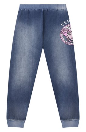 Детские хлопковые джоггеры VERSACE голубого цвета по цене 21650 руб., арт. 1002581/1A00498/8A-14A | Фото 1 Детские хлопковые джоггеры VERSACE голубого цвета, арт. 1002581/1A00498/8A-14A | Фото 1 (Материал внешний: Хлопок; Девочки Кросс-КТ: Брюки-одежда; Ростовка одежда: 10 - 11 лет | 140 - 146см, 12 лет | 152 см, 16 лет | 164 см, 8 лет | 128 см)