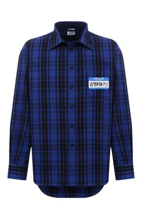Мужская рубашка VETEMENTS синего цвета по цене 82200 руб., арт. UA52SH800B 1002/M | Фото 1 Мужская рубашка VETEMENTS синего цвета, арт. UA52SH800B 1002/M | Фото 1 (Материал внешний: Синтетический материал, Хлопок; Длина (для топов): Удлиненные; Рукава: Длинные; Случай: Повседневный; Принт: Клетка; Стили: Гранж; Манжеты: На пуговицах; Воротник: Кент)