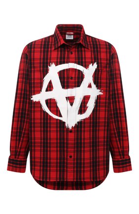 Мужская рубашка VETEMENTS красного цвета по цене 85750 руб., арт. UA52SH850R 1002/M | Фото 1 Мужская рубашка VETEMENTS красного цвета, арт. UA52SH850R 1002/M | Фото 1 (Длина (для топов): Стандартные; Материал внешний: Синтетический материал, Хлопок; Рукава: Длинные; Случай: Повседневный; Принт: Клетка; Стили: Гранж; Манжеты: На пуговицах; Воротник: Кент)