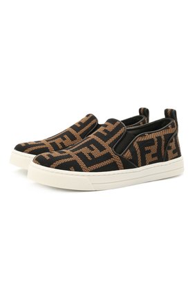 Детские слипоны FENDI коричневого цвета по цене 29950 руб., арт. JMR368/AD8D/27-31 | Фото 1 Детские слипоны FENDI коричневого цвета, арт. JMR368/AD8D/27-31 | Фото 1 (Материал внешний: Текстиль; Материал внутренний: Натуральная кожа)