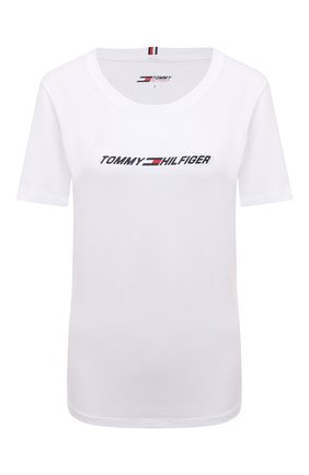 Женская хлопковая футболка TOMMY HILFIGER белого цвета по цене 4490 руб., арт. S10S101016 | Фото 1 Женская хлопковая футболка TOMMY HILFIGER белого цвета, арт. S10S101016 | Фото 1 (Длина (для топов): Стандартные; Материал внешний: Хлопок; Рукава: Короткие; Стили: Спорт-шик; Принт: С принтом; Женское Кросс-КТ: Футболка-одежда, Футболка-спорт)