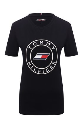Женская хлопковая футболка TOMMY HILFIGER темно-синего цвета по цене 4990 руб., арт. S10S101046 | Фото 1 Женская хлопковая футболка TOMMY HILFIGER темно-синего цвета, арт. S10S101046 | Фото 1 (Рукава: Короткие; Материал внешний: Хлопок; Длина (для топов): Стандартные; Стили: Спорт-шик; Принт: С принтом; Женское Кросс-КТ: Футболка-одежда, Футболка-спорт)
