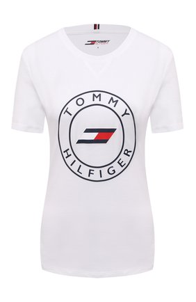 Женская хлопковая футболка TOMMY HILFIGER белого цвета по цене 4990 руб., арт. S10S101046 | Фото 1 Женская хлопковая футболка TOMMY HILFIGER белого цвета, арт. S10S101046 | Фото 1 (Рукава: Короткие; Материал внешний: Хлопок; Длина (для топов): Стандартные; Стили: Спорт-шик; Принт: С принтом; Женское Кросс-КТ: Футболка-одежда, Футболка-спорт)