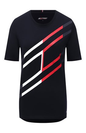 Женская хлопковая футболка TOMMY HILFIGER темно-синего цвета по цене 5990 руб., арт. S10S101051 | Фото 1 Женская хлопковая футболка TOMMY HILFIGER темно-синего цвета, арт. S10S101051 | Фото 1 (Материал внешний: Хлопок; Длина (для топов): Укороченные; Рукава: Короткие; Стили: Спорт-шик; Принт: С принтом; Женское Кросс-КТ: Футболка-одежда, Футболка-спорт)