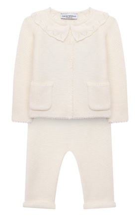 Детский комплект из кардигана и брюк EMPORIO ARMANI кремвого цвета по цене 22200 руб., арт. 6KDV53/NM01Z | Фото 1 Детский комплект из кардигана и брюк EMPORIO ARMANI кремвого цвета, арт. 6KDV53/NM01Z | Фото 1 (Материал внешний: Шерсть; Рукава: Длинные)