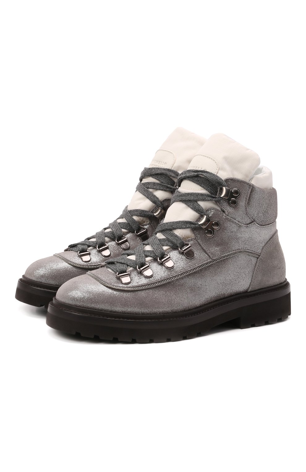 Детские кожаные ботинки BRUNELLO CUCINELLI серебряного цвета, арт. BZMIL1G026 | Фото 1 (Материал внешний: Кожа; Материал внутренний: Натуральная кожа)