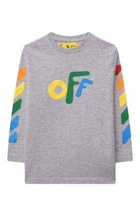 Детская хлопковый лонгслив OFF-WHITE серого цвета по цене 19950 руб., арт. 0BAB001F21JER002 | Фото 1 Детская хлопковый лонгслив OFF-WHITE серого цвета, арт. 0BAB001F21JER002 | Фото 1 (Материал внешний: Хлопок; Рукава: Длинные; Мальчики Кросс-КТ: Лонгслив-одежда; Ростовка одежда: 10 - 11 лет | 140 - 146см, 12 лет | 152 см, 4 года | 104 см, 6 лет | 116 см, 8 лет | 128 см)