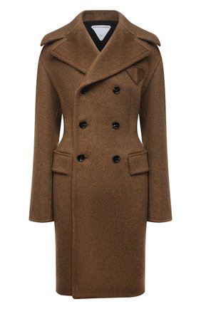 Женское двубортное пальто BOTTEGA VENETA коричневого цвета, арт. 663721/V0XS0 | Фото 1 (Материал внешний: Шерсть; Рукава: Длинные; Стили: Гламурный; Длина (верхняя одежда): До колена; Материал подклада: Вискоза; 1-2-бортные: Двубортные)