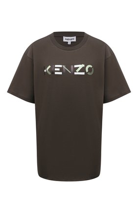 Женская хлопковая футболка KENZO темно-коричневого цвета по цене 15150 руб., арт. FB62TS9744SA | Фото 1 Женская хлопковая футболка KENZO темно-коричневого цвета, арт. FB62TS9744SA | Фото 1 (Длина (для топов): Удлиненные; Материал внешний: Хлопок; Рукава: Короткие; Стили: Спорт-шик; Принт: С принтом; Женское Кросс-КТ: Футболка-одежда)