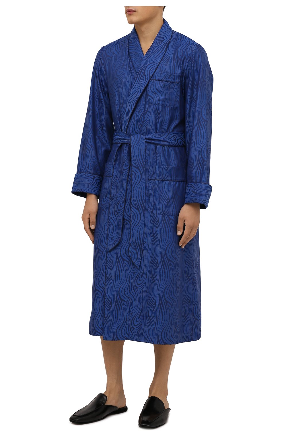 Мужской хлопковый халат DEREK ROSE темно-синего цвета, арт. 5505-PARI020 | Фото 2 (Рукава: Длинные; Кросс-КТ: домашняя одежда; Материал внешний: Хлопок; Длина (верхняя одежда): Длинные)