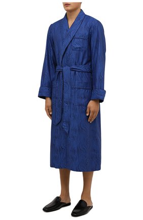 Мужской хлопковый халат DEREK ROSE темно-синего цвета, арт. 5505-PARI020 | Фото 3 (Рукава: Длинные; Кросс-КТ: домашняя одежда; Материал внешний: Хлопок; Длина (верхняя одежда): Длинные)