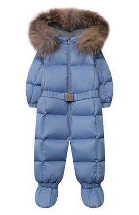 Детского пуховый комбинезон с мехом MONCLER голубого цвета по цене 61500 руб., арт. G2-951-1G506-02-53079/9-12M | Фото 1 Детского пуховый комбинезон с мехом MONCLER голубого цвета, арт. G2-951-1G506-02-53079/9-12M | Фото 1 (Материал внешний: Синтетический материал; Материал утеплителя: Пух и перо; Материал подклада: Хлопок; Рукава: Длинные)
