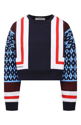 Женский хлопковый свитшот VALENTINO синего цвета по цене 106000 руб., арт. WB3MF11Y6LD | Фото 1 Женский хлопковый свитшот VALENTINO синего цвета, арт. WB3MF11Y6LD | Фото 1 (Рукава: Длинные; Материал внешний: Хлопок; Длина (для топов): Укороченные; Стили: Спорт-шик; Женское Кросс-КТ: Свитшот-одежда)