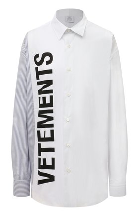 Женская хлопковая рубашка VETEMENTS белого цвета по цене 77500 руб., арт. UA52SH650S 1012/W | Фото 1 Женская хлопковая рубашка VETEMENTS белого цвета, арт. UA52SH650S 1012/W | Фото 1 (Рукава: Длинные; Материал внешний: Хлопок; Длина (для топов): Удлиненные; Женское Кросс-КТ: Рубашка-одежда; Принт: С принтом, Полоска; Стили: Гранж)