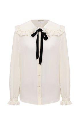 Женская шелковая блузка SAINT LAURENT кремвого цвета по цене 94950 руб., арт. 665828/Y100W | Фото 1 Женская шелковая блузка SAINT LAURENT кремвого цвета, арт. 665828/Y100W | Фото 1 (Материал внешний: Шелк; Рукава: Длинные; Длина (для топов): Стандартные; Женское Кросс-КТ: Блуза-одежда; Принт: Без принта; Стили: Кэжуэл)