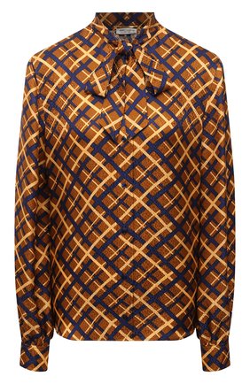 Женская шелковая блузка SAINT LAURENT коричневого цвета, арт. 660892/Y5D61 | Фото 1 (Рукава: Длинные; Длина (для топов): Стандартные; Материал внешний: Шелк; Женское Кросс-КТ: Блуза-одежда; Принт: С принтом, Клетка)