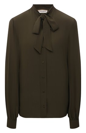 Женская шелковая блузка SAINT LAURENT хаки цвета по цене 79950 руб., арт. 660892/Y100W | Фото 1 Женская шелковая блузка SAINT LAURENT хаки цвета, арт. 660892/Y100W | Фото 1 (Материал внешний: Шелк; Рукава: Длинные; Длина (для топов): Стандартные; Женское Кросс-КТ: Блуза-одежда; Принт: Без принта; Стили: Кэжуэл)