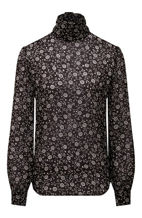 Женская шелковая блузка SAINT LAURENT черно-белого цвета, арт. 660870/Y5D08 | Фото 1 (Рукава: Длинные; Длина (для топов): Стандартные; Материал внешний: Шелк; Женское Кросс-КТ: Блуза-одежда; Принт: С принтом; Стили: Кэжуэл)