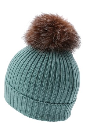 Детского шерстяная шапка с мехом MONCLER бирюзового цвета по цене 15300 руб., арт. G2-954-3B711-10-04S01 | Фото 2 Детского шерстяная шапка с мехом MONCLER бирюзового цвета, арт. G2-954-3B711-10-04S01 | Фото 2 (Материал: Шерсть)