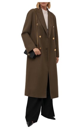 Женское шерстяное пальто VERSACE хаки цвета, арт. 1001056/1A00884 | Фото 2 (Материал внешний: Шерсть; Длина (верхняя одежда): Длинные; Рукава: Длинные; Стили: Гламурный; 1-2-бортные: Двубортные)