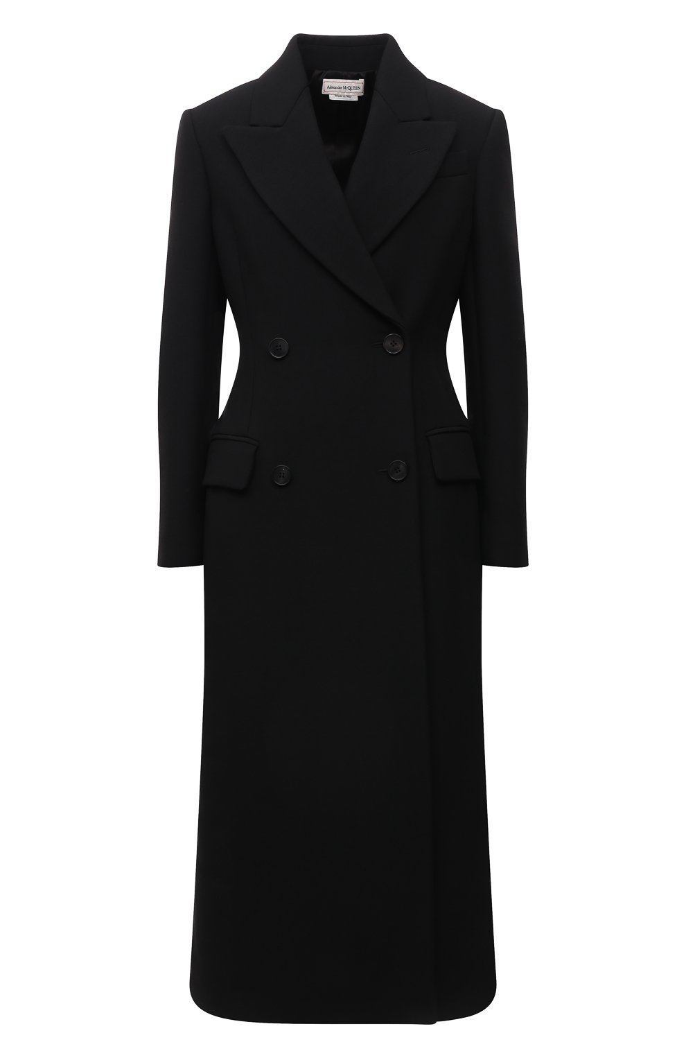 Женское шерстяное пальто ALEXANDER MCQUEEN черного цвета, арт. 677528/QJACM | Фото 1 (Материал внешний: Шерсть; Рукава: Длинные; Стили: Гламурный; Длина (верхняя одежда): Длинные; 1-2-бортные: Двубортные; Материал подклада: Купро)