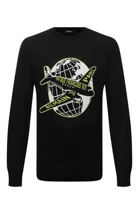 Мужской шерстяной джемпер BALMAIN черного цвета по цене 83950 руб., арт. WH0KD000/K059 | Фото 1 Мужской шерстяной джемпер BALMAIN черного цвета, арт. WH0KD000/K059 | Фото 1 (Рукава: Длинные; Материал внешний: Шерсть; Длина (для топов): Стандартные; Мужское Кросс-КТ: Джемперы; Принт: С принтом; Вырез: Круглый; Стили: Кэжуэл)