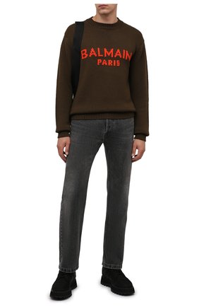 Мужской шерстяной свитер BALMAIN хаки цвета по цене 78000 руб., арт. WH0KD000/K027 | Фото 2 Мужской шерстяной свитер BALMAIN хаки цвета, арт. WH0KD000/K027 | Фото 2 (Материал внешний: Шерсть; Длина (для топов): Стандартные; Рукава: Длинные; Мужское Кросс-КТ: Свитер-одежда; Принт: С принтом; Стили: Кэжуэл)