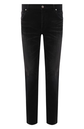 Мужские джинсы BALMAIN черного цвета, арт. WH1MH000/146D | Фото 1 (Материал внешний: Хлопок, Деним; Длина (брюки, джинсы): Стандартные; Кросс-КТ: Деним; Силуэт М (брюки): Узкие; Детали: Потертости; Стили: Гранж)