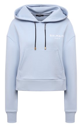 Женский хлопковое худи BALMAIN светло-голубого цвета по цене 45700 руб., арт. WF1JP000/B013 | Фото 1 Женский хлопковое худи BALMAIN светло-голубого цвета, арт. WF1JP000/B013 | Фото 1 (Материал внешний: Хлопок; Женское Кросс-КТ: Худи-одежда; Рукава: Длинные; Длина (для топов): Стандартные; Стили: Спорт-шик)