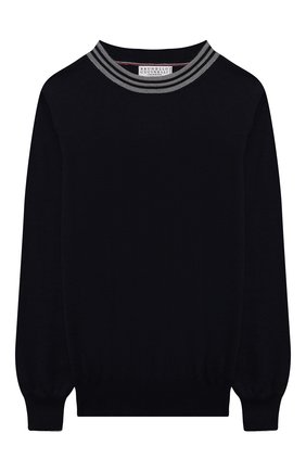 Детский шерстяной пуловер BRUNELLO CUCINELLI темно-синего цвета, арт. B24M80400C | Фото 1 (Рукава: Длинные; Материал внешний: Шерсть; Мальчики Кросс-КТ: Пуловер-одежда; Ростовка одежда: 12 лет | 152 см)