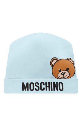 Детского хлопковая шапка MOSCHINO голубого цвета по цене 3375 руб., арт. MUX03W/LDA14 | Фото 1 Детского хлопковая шапка MOSCHINO голубого цвета, арт. MUX03W/LDA14 | Фото 1 (Материал: Хлопок, Текстиль)