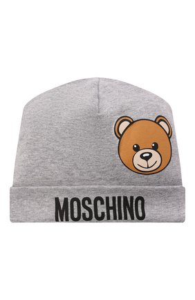 Детского хлопковая шапка MOSCHINO серого цвета по цене 3375 руб., арт. MUX03W/LDA14 | Фото 1 Детского хлопковая шапка MOSCHINO серого цвета, арт. MUX03W/LDA14 | Фото 1 (Материал: Хлопок, Текстиль)