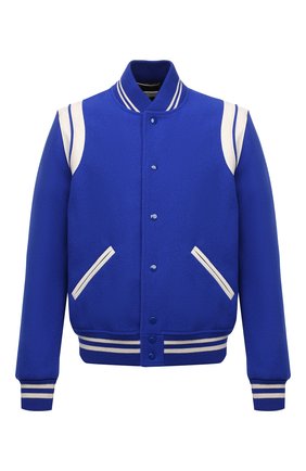 Мужской шерстяной бомбер SAINT LAURENT синего цвета по цене 162000 руб., арт. 354718/Y180W | Фото 1 Мужской шерстяной бомбер SAINT LAURENT синего цвета, арт. 354718/Y180W | Фото 1 (Материал подклада: Купро; Материал внешний: Шерсть; Кросс-КТ: Куртка; Стили: Спорт-шик; Принт: Без принта; Мужское Кросс-КТ: шерсть и кашемир; Длина (верхняя одежда): Короткие; Рукава: Длинные)