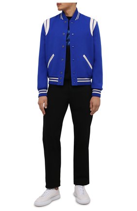 Мужской шерстяной бомбер SAINT LAURENT синего цвета по цене 162000 руб., арт. 354718/Y180W | Фото 2 Мужской шерстяной бомбер SAINT LAURENT синего цвета, арт. 354718/Y180W | Фото 2 (Материал подклада: Купро; Материал внешний: Шерсть; Кросс-КТ: Куртка; Стили: Спорт-шик; Принт: Без принта; Мужское Кросс-КТ: шерсть и кашемир; Длина (верхняя одежда): Короткие; Рукава: Длинные)