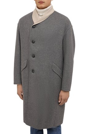 Мужской пальто из кашемира и шерсти GIORGIO ARMANI серого цвета, арт. 1WG0L07R/T02S0 | Фото 3 (Материал внешний: Шерсть, Кашемир; Рукава: Длинные; Длина (верхняя одежда): До колена; Материал подклада: Синтетический материал; Мужское Кросс-КТ: пальто-верхняя одежда; Стили: Кэжуэл)