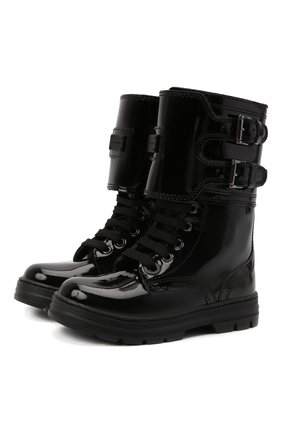 Детские кожаные ботинки DOLCE & GABBANA черного цвета, арт. D11014/A0554/24-28 | Фото 1 (Материал утеплителя: Натуральный мех; Материал внешний: Кожа)