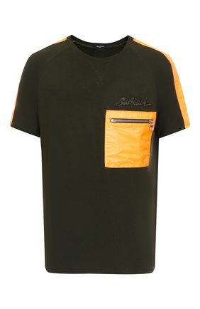 Мужская футболка из вискозы BALMAIN хаки цвета по цене 58250 руб., арт. WH0EH004MA01/ | Фото 1 Мужская футболка из вискозы BALMAIN хаки цвета, арт. WH0EH004MA01/ | Фото 1 (Материал внешний: Вискоза; Рукава: Короткие; Принт: С принтом; Стили: Гранж)