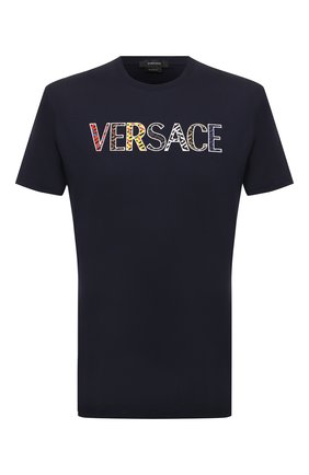 Мужская хлопковая футболка VERSACE темно-синего цвета по цене 43200 руб., арт. 1002463/1A01811 | Фото 1 Мужская хлопковая футболка VERSACE темно-синего цвета, арт. 1002463/1A01811 | Фото 1 (Материал внешний: Хлопок; Длина (для топов): Стандартные; Рукава: Короткие; Принт: С принтом; Стили: Кэжуэл)