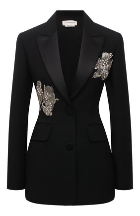Женский шерстяной жакет ALEXANDER MCQUEEN черного цвета по цене 314000 руб., арт. 677578/QJACM | Фото 1 Женский шерстяной жакет ALEXANDER MCQUEEN черного цвета, арт. 677578/QJACM | Фото 1 (Материал внешний: Шерсть; Материал подклада: Купро; Длина (для топов): Стандартные; Рукава: Длинные; Стили: Гламурный; Случай: Вечерний; Женское Кросс-КТ: Жакет-одежда; 1-2-бортные: Однобортные)